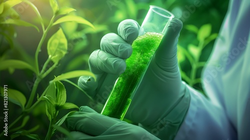 Scientist examining a green sample in a test tube among lush plants, representing biotechnology and environmental research