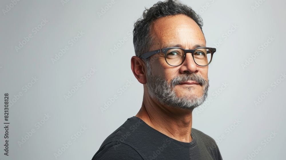 A bespectacled man in a black shirt exudes an air of mystery and intelligence