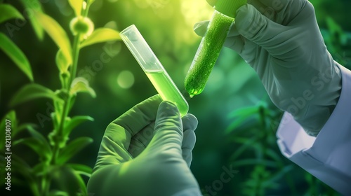 Scientist examining a green sample in a test tube among lush plants, representing biotechnology and environmental research