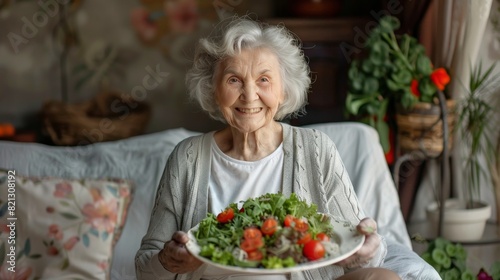 Elderly Woman Holding Plate of Salad