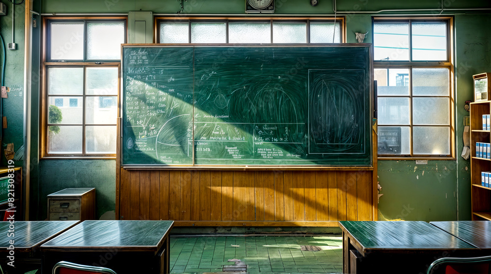 A classroom with a chalkboard and two desks