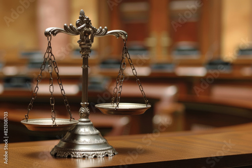 Antique balanced scales of justice on a wooden table, with a blurred background of a classic courtroom setting