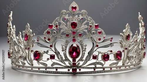 A stunning image featuring an ornate crown tiara with intricate details and sparkling gemstones, perfectly reflected on a smooth, white background. The tiara’s reflective metals and dazzling gemstones photo