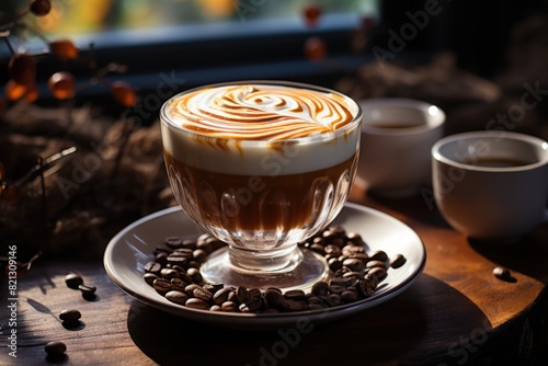 Amazing Coffee with Latte Art in a glass cup photograph, generative IA