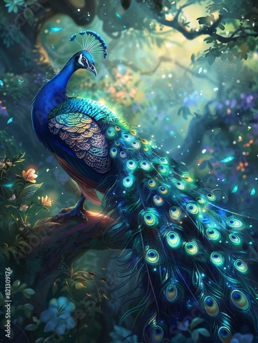Peacock Displaying Holographic Tail Feathers