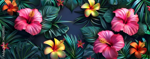 3D tropical floral patterns with hibiscus and plumeria flowers  vibrant and exotic