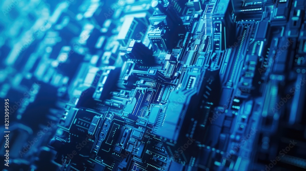 The image is a close-up of a blue circuit board. The intricate details of the board are visible, including the tiny components and pathways that make up the circuitry. The blue color of the board