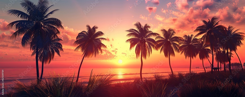 3D palm trees silhouetted against a sunset, creating a serene and picturesque scene