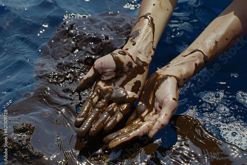 Hands drenched in crude oil with space for text
