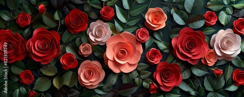 3D roses in various shades of red and pink  detailed petals and lush green leaves