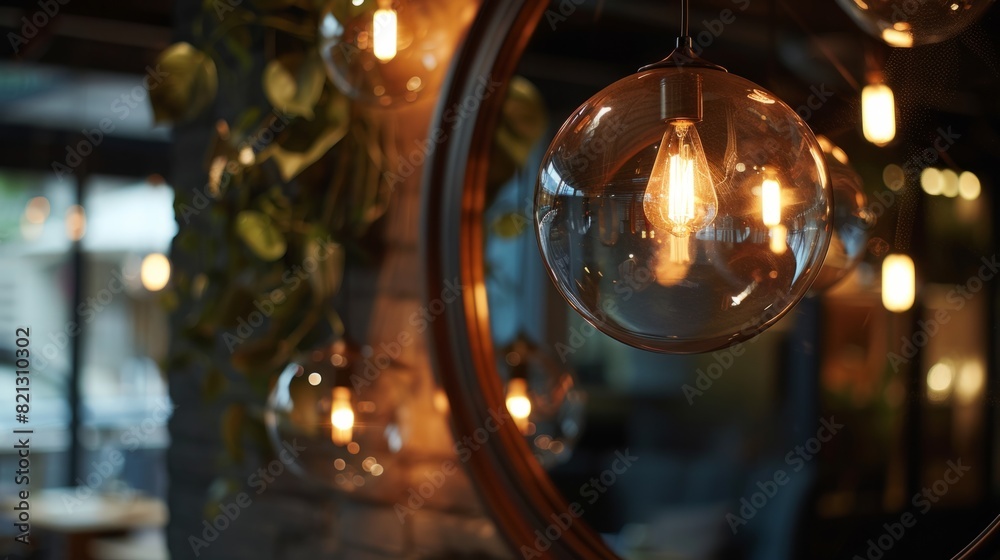 details of the hanging lights above the round mirror. generative ai details of the hanging lights above the round mirror. generative ai