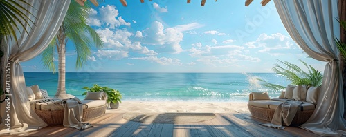 3D beach cabana with flowing curtains, comfortable seating, and ocean view, luxurious and relaxing