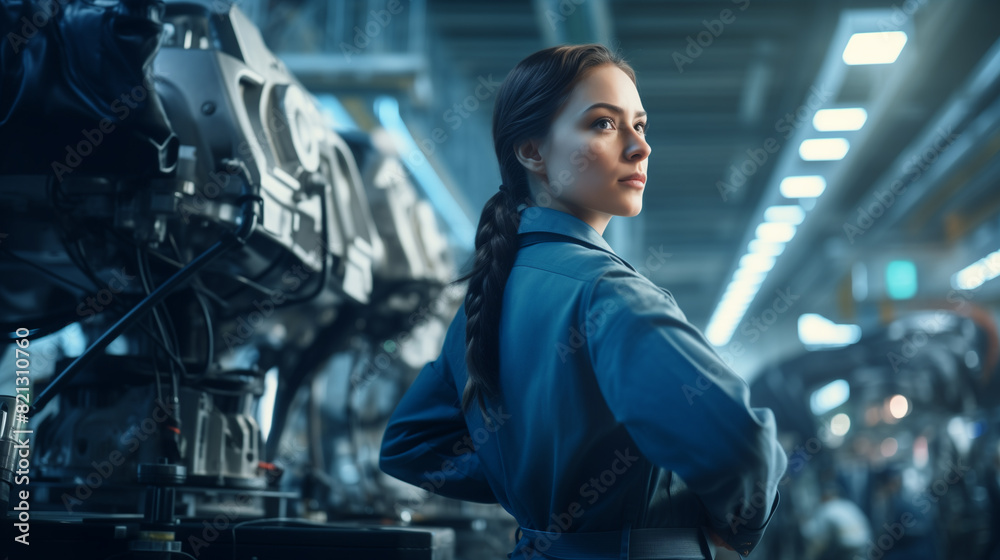 Professional female engineer inspects machinery with focus and precision in an industrial manufacturing plant setting Professional female engineer inspects machinery with focus and precision in an industrial manufacturing plant setting
