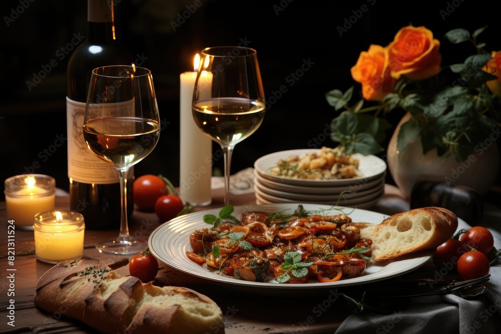 Romantic dinner in the light of candles with Italian food., generative IA Romantic dinner in the light of candles with Italian food., generative IA