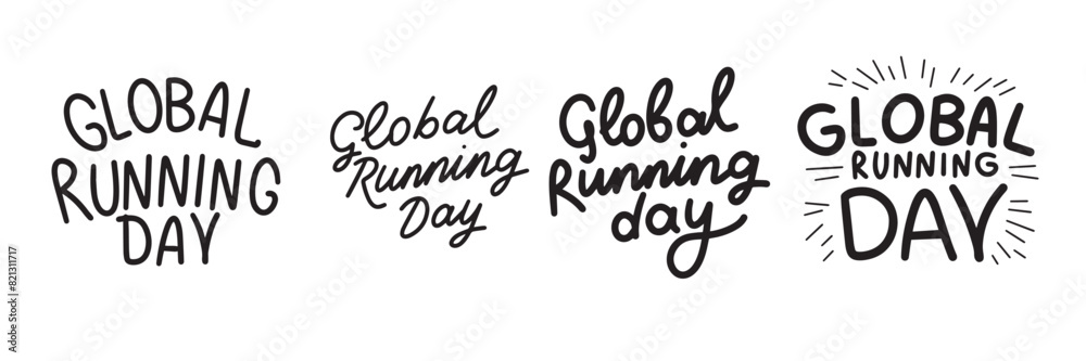Collection of Global Running Day text. Hand drawn vector art.