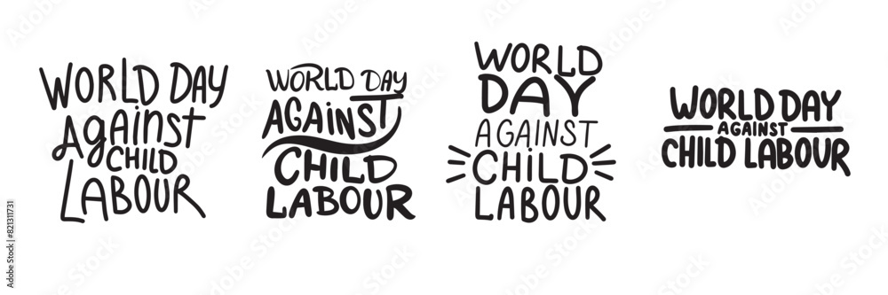 Collection of World Day Against Child Labour text. Hand drawn vector art.