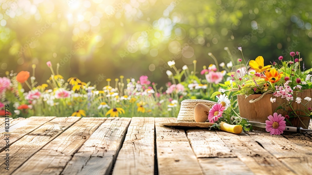 A wooden table topped with a variety of vibrant flowers and garden tools, set against a blurred natural background. Generative AI A wooden table topped with a variety of vibrant flowers and garden tools, set against a blurred natural background. Generative AI