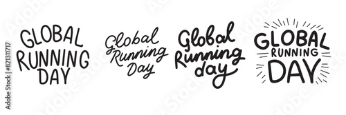 Collection of Global Running Day text. Hand drawn vector art.