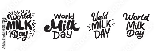 Collection of World Milk Day text. Hand drawn vector art.