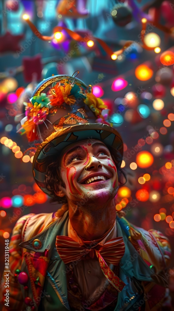 Joyous Circus Performer in Vivid Costume Surrounded by Festive Lights and Colors