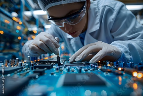 Modern Semiconductor Laboratory Researchers Examining Advanced Microchips and High Tech Scientific Equipment