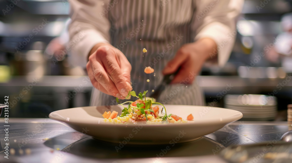 preparing a meal, focus on plate, modern restaurant setting,generative ai