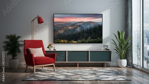 Modern living room with LED and chair in white theme.