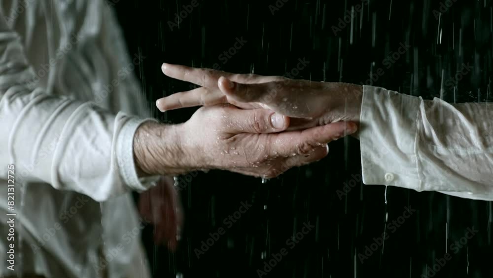 Against the background of the night rain, a close-up of the hands of a man and his woman, gently intertwining, symbolizes the opening of souls to each other in an embrace. Against the background of the night rain, a close-up of the hands of a man and his woman, gently intertwining, symbolizes the opening of souls to each other in an embrace.