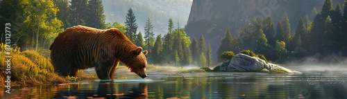 Big brown bear on the background of a mountain lake, Panorama, Ai Generated photo