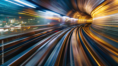 Light Trails in Subway Tunnel, Dynamic Motion Blur. Fast train, dynamic motion blur, vibrant light trails in subway tunnel. Perfect for transportation, speed, technology concepts.