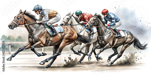 Racehorse. Galloping race horses in racing competition. Watercolor. Jockeys on racing horses. Sport. Champion. Hippodrome. Equestrian. Derby. Speed
