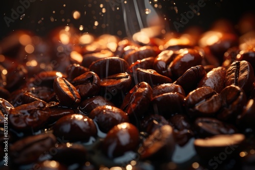Dark background with brown roasted coffee beans, generative IA