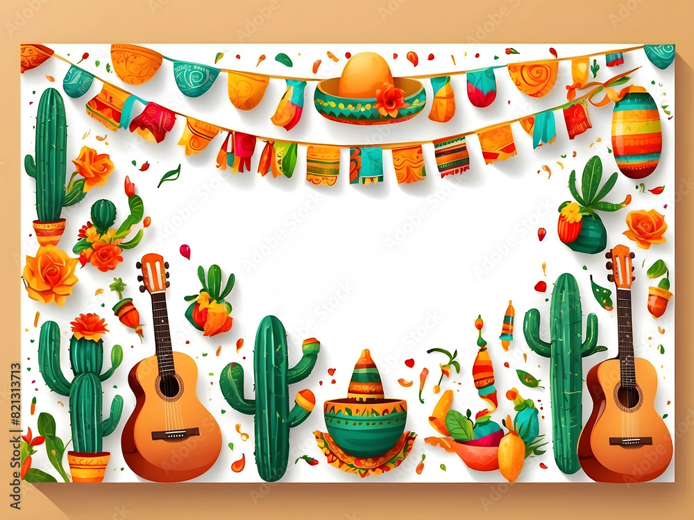 Naklejka premium Cinco de Mayo Mexican festive banner. The horizontal card of Mexican culture symbolizes the collection of maracas, pinatas, jalapenos, fruit, sombrero, cactus, guitar Cinco de Mayo web header design.