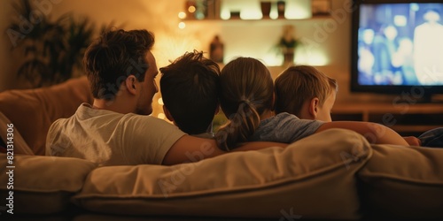 A family is seen from behind enjoying a movie night at home, suggesting togetherness and relaxation