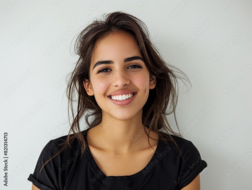 Beautiful natural brunette woman, smiling and looking in camera with white teeth. Close-up portrait of cute female woman in black t-shirt on white background. Beautiful natural brunette woman, smiling and looking in camera with white teeth. Close-up portrait of cute female woman in black t-shirt on white background.