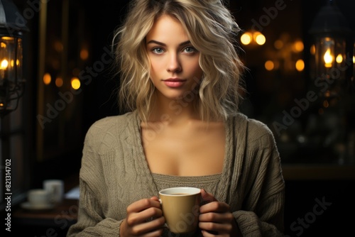 Woman Concept of International Coffee Day holding the cup of coffee, generative IA