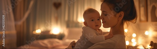A tender moment captured between a mother and her infant in a warmly lit cozy bedroom setting