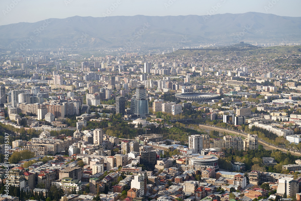 View of beautiful new districts of Tbilisi and Kura river from Mount Mtatsminda