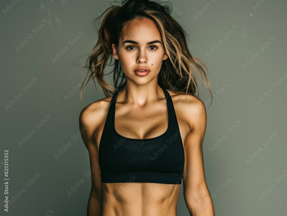 Young slim athletic brunette on a gray background. Active lifestyle, weight loss, motivation. Young slim athletic brunette on a gray background. Active lifestyle, weight loss, motivation.
