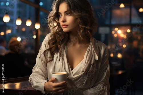 A young woman enjoying a cup of coffee in a gene of fashion Generative Ai  generative IA