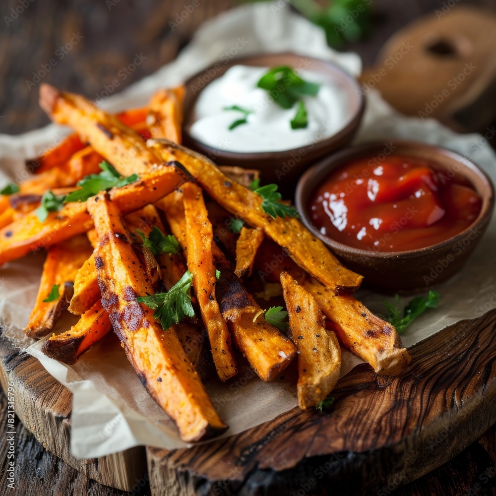 Testy potato fries, Sweet potato fries with sauce on wood table Selection. Ai generated Testy potato fries, Sweet potato fries with sauce on wood table Selection. Ai generated