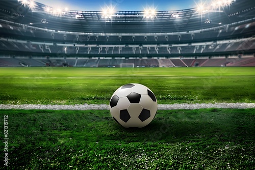 classic soccer ball on grass in a stadium with background lights in high resolution and quality 