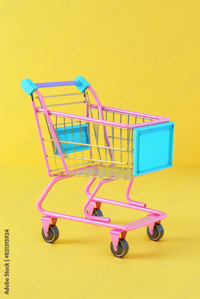 Vibrant Colorful Empty Shopping Cart on Yellow Background