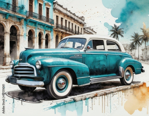 Watercolor illustration of a vintage car in old Havanna. generative ai photo