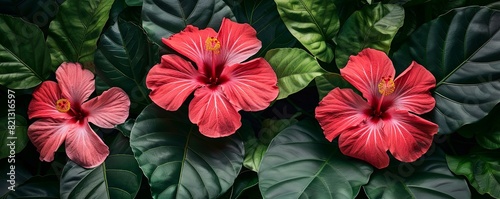 Tropical hibiscus flowers with lush green leaves  vibrant and exotic