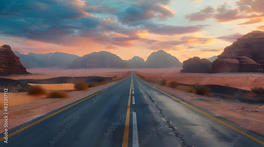 An open road through a barren, rocky desert at dawn felt like a summons to adventure, travel, and escape—a journey through life's challenges and hardships toward freedom, adventure, and the unknown.