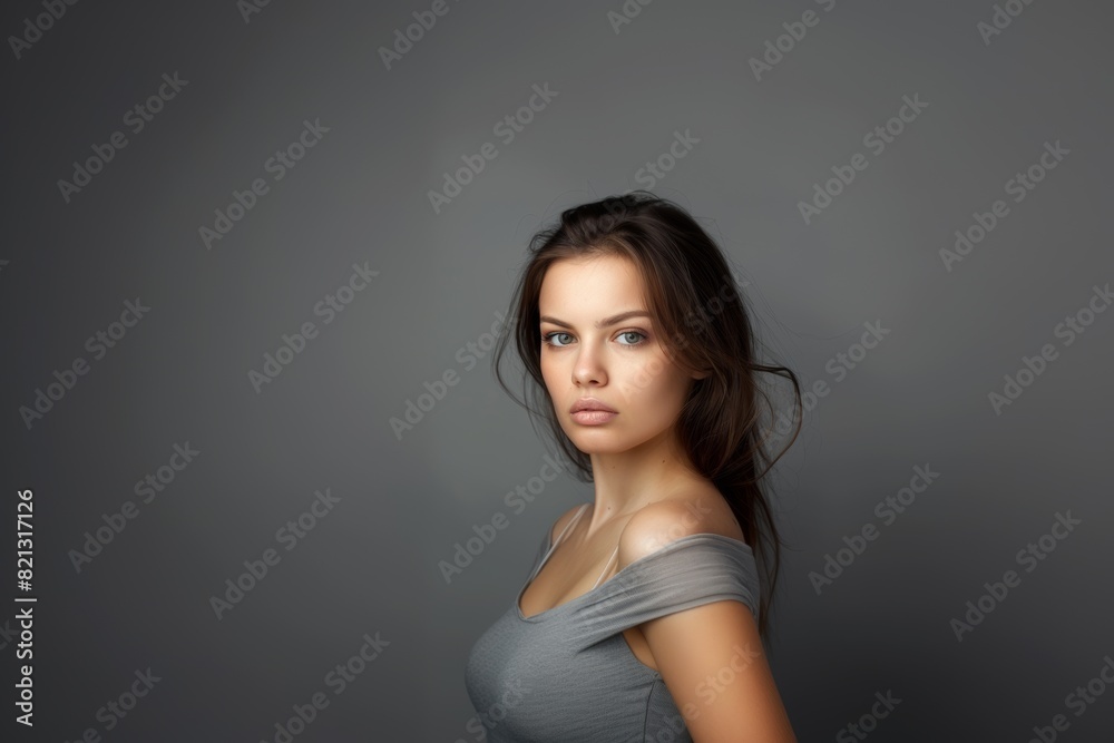 Portrait of an attractive woman on a gray background. Female beauty. Portrait of an attractive woman on a gray background. Female beauty.