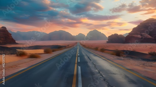 An open road through a barren, rocky desert at dawn felt like a summons to adventure, travel, and escape—a journey through life's challenges and hardships toward freedom, adventure, and the unknown. photo