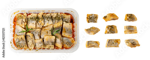 Salted Herring Fillet Isolated, Raw Pickled Fish Meat, Marinated Herring on White Background photo