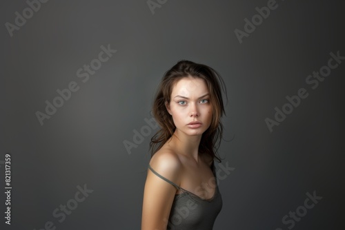 Portrait of an attractive woman on a gray background. Female beauty.